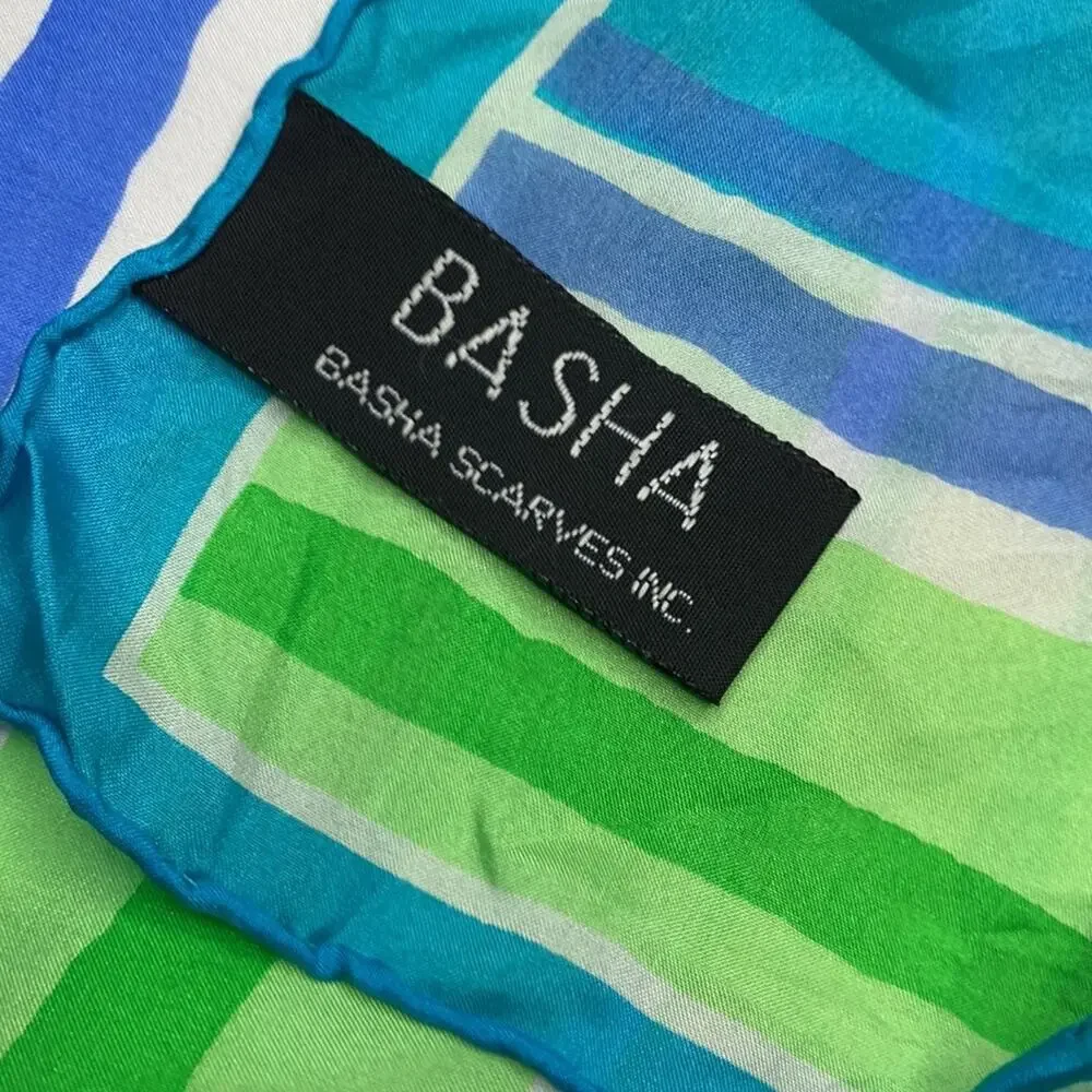 Basha 100% Silk Green Blue White Stripe Vintage Scarf W-108